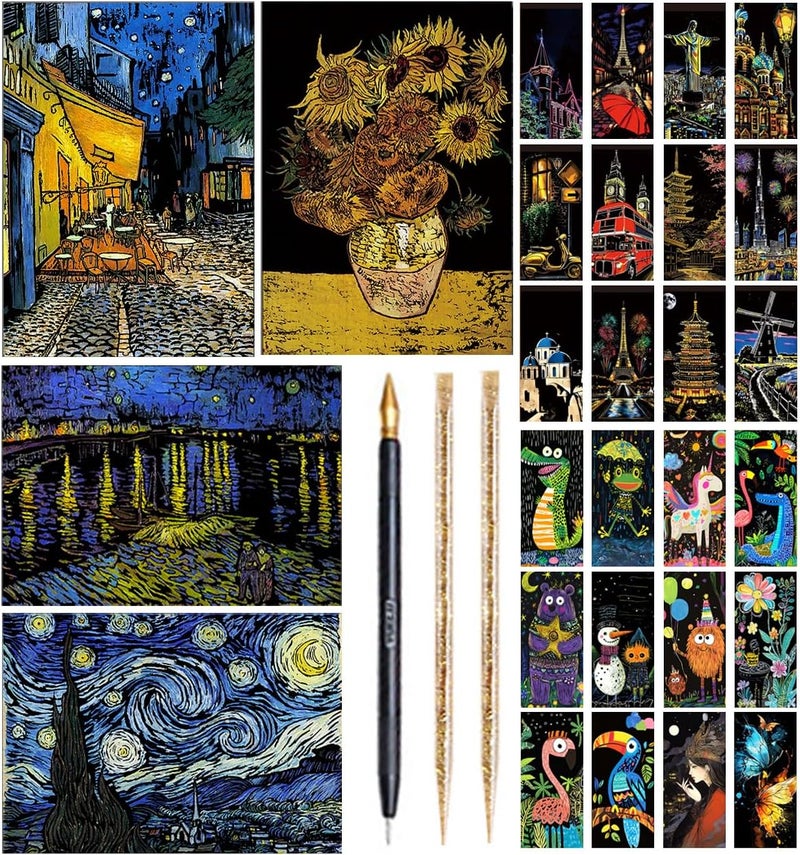 Ryoma Scratch Art Painting Scratch Paper Rainbow Painting Sketch Pads DIY Art Craft Set， 4 Pcs Vincent Van Gogh Engraving and 24Pcs Classic Landmarks and Animal Series for Kids & Adults with 3 Tools - Image 1